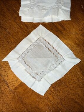 4 Vintage French Cotton Linen Hand Crocheted Napkins with Ruffle Edge